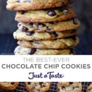 Top image: A tall stack of chocolate chip cookies. Bottom image: Homemade chocolate chip cookies cooling on a wire rack.