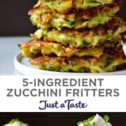 Top image: A tall stack of zucchini fritters topped with a dollop of sour cream and sliced scallions. Bottom image: Two tall stacks of zucchini fritters topped with sour cream and sliced scallions.