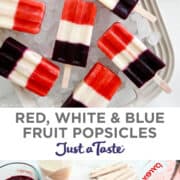 Top image: A top-down view of red, white and blue popsicles atop ice on a serving platter. Bottom image: Popsicle mixture being poured from a glass measuring cup into a silicone popsicle mold.