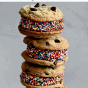 Chocolate Chip Cookie Ice Cream Sandwiches stacked four high.