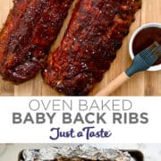 Top image: A top-down view of oven-baked baby back ribs slathered with barbecue sauce. Bottom image: Barbecue ribs in foil.