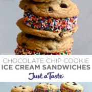 Top image: Three ice cream sandwiches studded with rainbow sprinkles stacked atop each other. Bottom image: Three tall stacks of chocolate chip cookie ice cream sandwiches.
