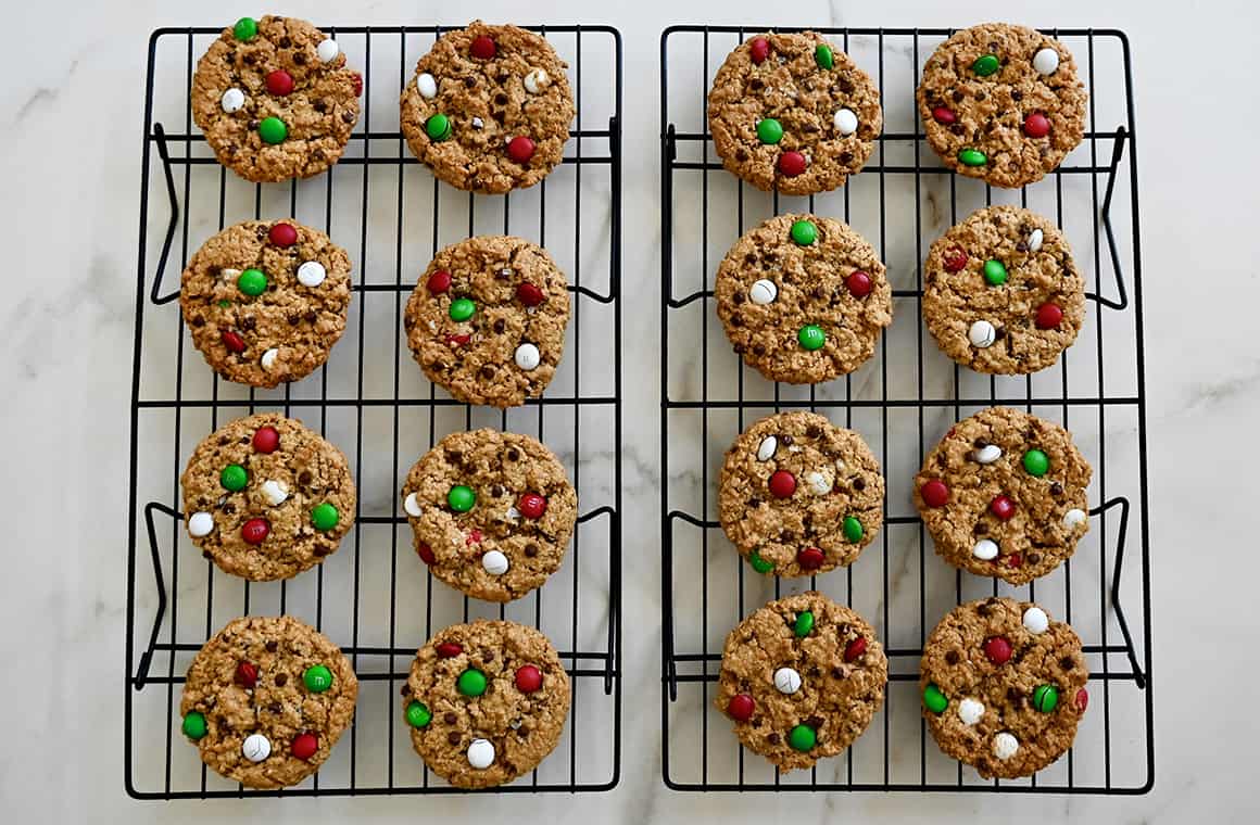 Festive holiday cookies cooling on wire racks