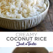 Top image: A bowl containing creamy coconut rice garnished with sesame seeds. Bottom image: A hand holds a fork with cooked jasmine rice.