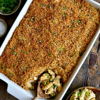 A top-down view of Easy Turkey Tetrazzini in a large white baking dish