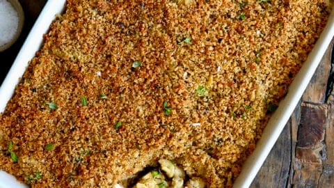 A top-down view of Easy Turkey Tetrazzini in a large white baking dish