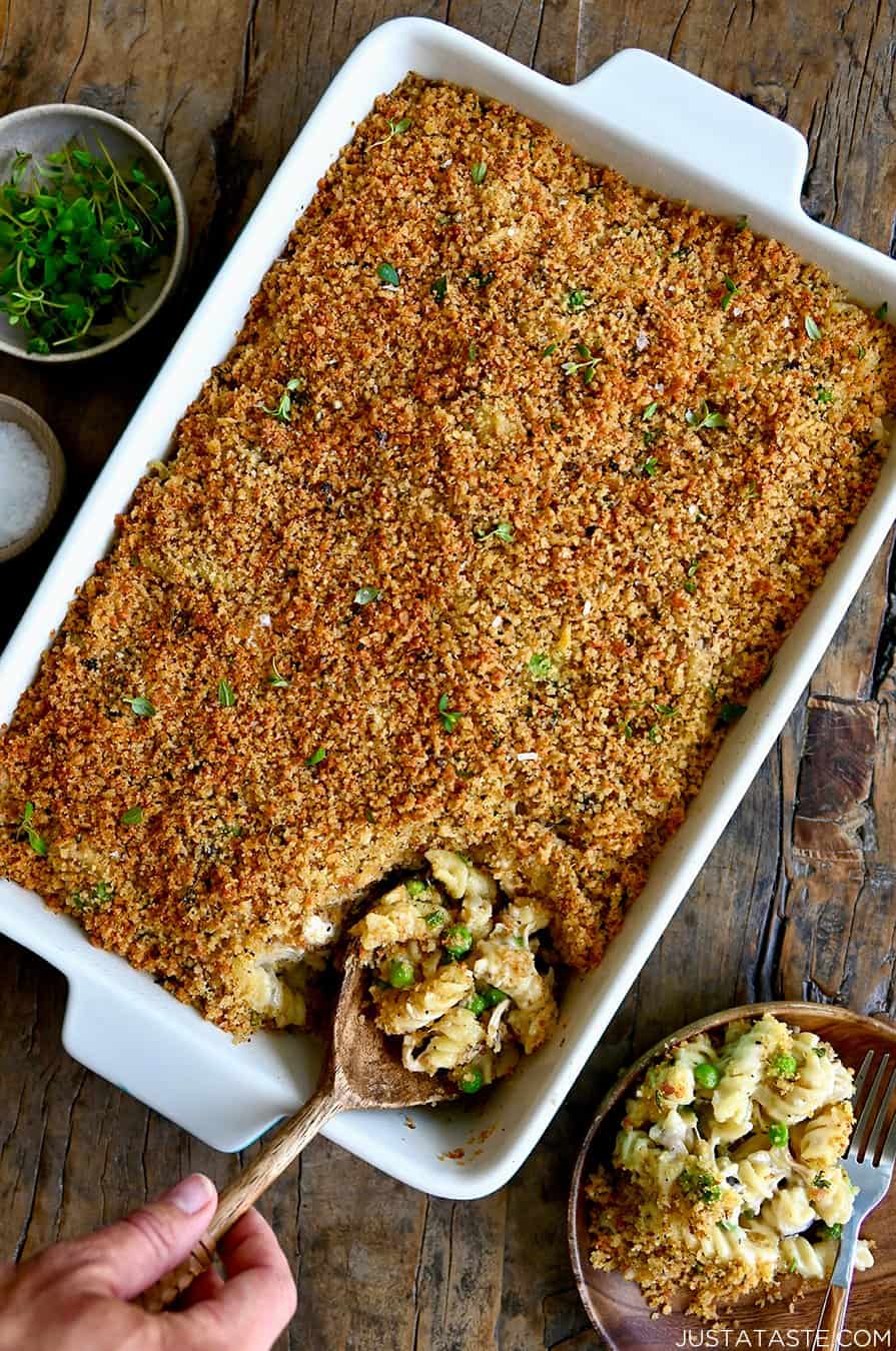 A top-down view of Easy Turkey Tetrazini in a large white baking dish