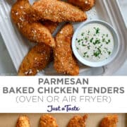 Top image: A top-down view of Parmesan Baked Chicken Tenders on a serving platter next to small bowls containing ranch dressing and ketchup. Bottom image: Two rows of Parmesan-crusted chicken tenders on a parchment paper-lined baking sheet.