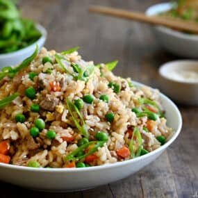 The best pork fried rice in a large white serving bowl