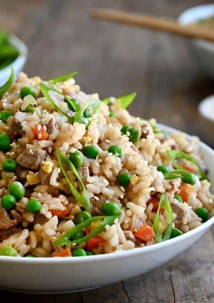 The best pork fried rice in a large white serving bowl
