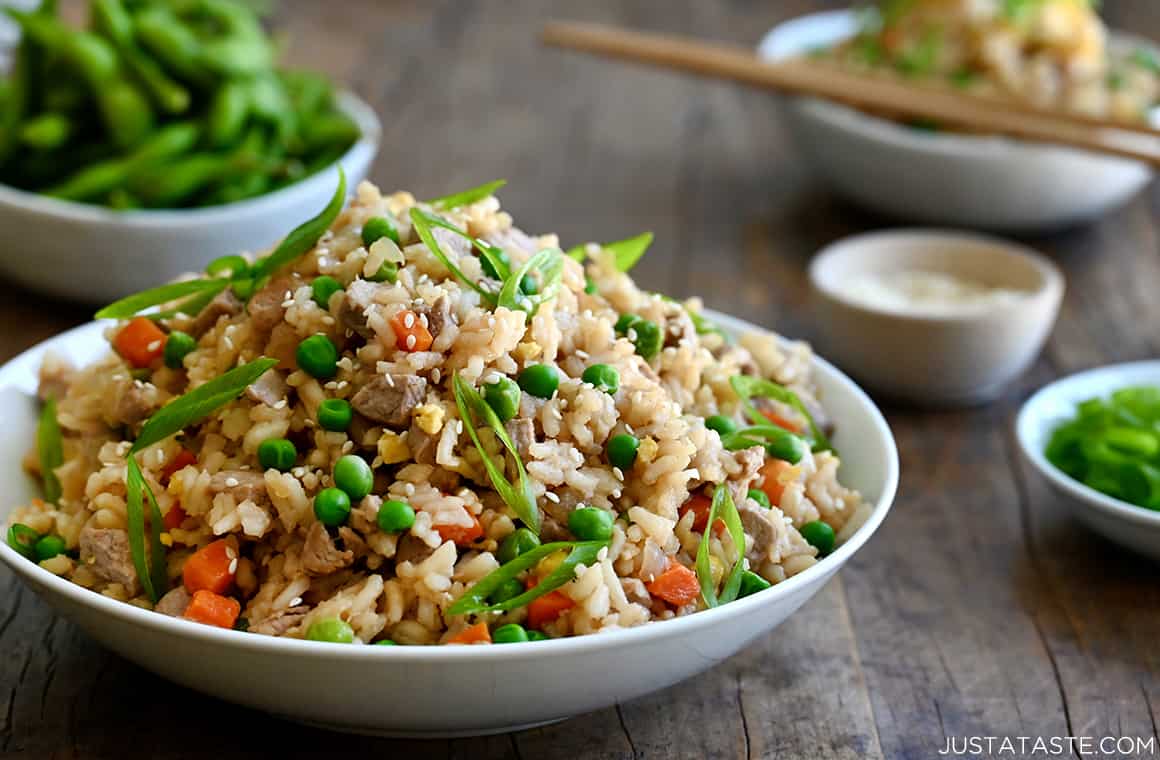 The best pork fried rice in a large white serving bowl