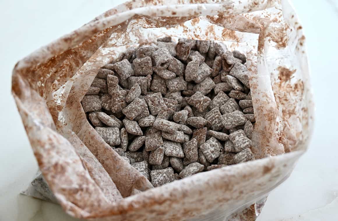 Homemade muddy buddies in a plastic bag