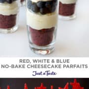 Top image: A close-up view of a cheesecake parfait with fresh blueberries topped with homemade whipped cream and edible glittering stars. Bottom image: Individual Red, White & Blue No-Bake Cheesecake Parfaits with edible stars.