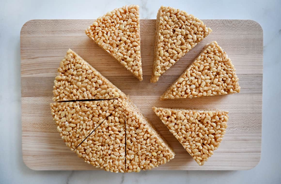 A top-down view of Rice Krispie treats cut into eight wedges