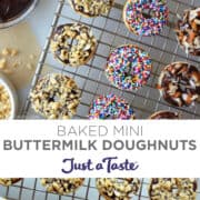 Top image: A top-down view of mini doughnuts topped with chopped nuts, rainbow sprinkles and toasted coconut atop a wire rack. Bottom image: A close-up view of baked mini doughnuts topped with Nutella and rainbow sprinkles.