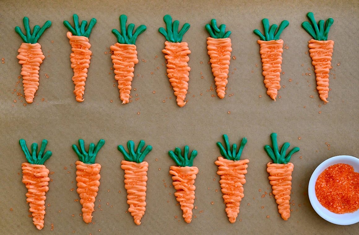 Candy melt "carrots" made from orange and green candy melts