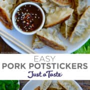 Top image: A close-up view of pork potstickers on a plate with a small ramekin containing soy dipping sauce. Bottom image: A top-down view of potstickers on a plate with chopsticks and a small bowl containing soy dipping sauce.