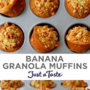 Top image: A top-down view of banana granola muffins in a muffin tin. Bottom image: A side view of muffins topped with granola in a muffin tin.