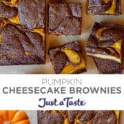 Top image: A close-up view of sliced pumpkin cheesecake brownies. Bottom image: A top-down view of swirled pumpkin cheesecake brownies next to two mini pumpkins.