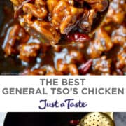 Top image: A close-up view of general Tso's chicken on a large spoon. Bottom image: A wok containing minced ginger and garlic with dried whole chilies.