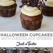 Top image: Chocolate Cupcakes topped with swirled vanilla buttercream frosting and chocolate spiders with candy eyes. Bottom image: A top-down view of sprinkle-studded chocolate spiders with candy eyes.