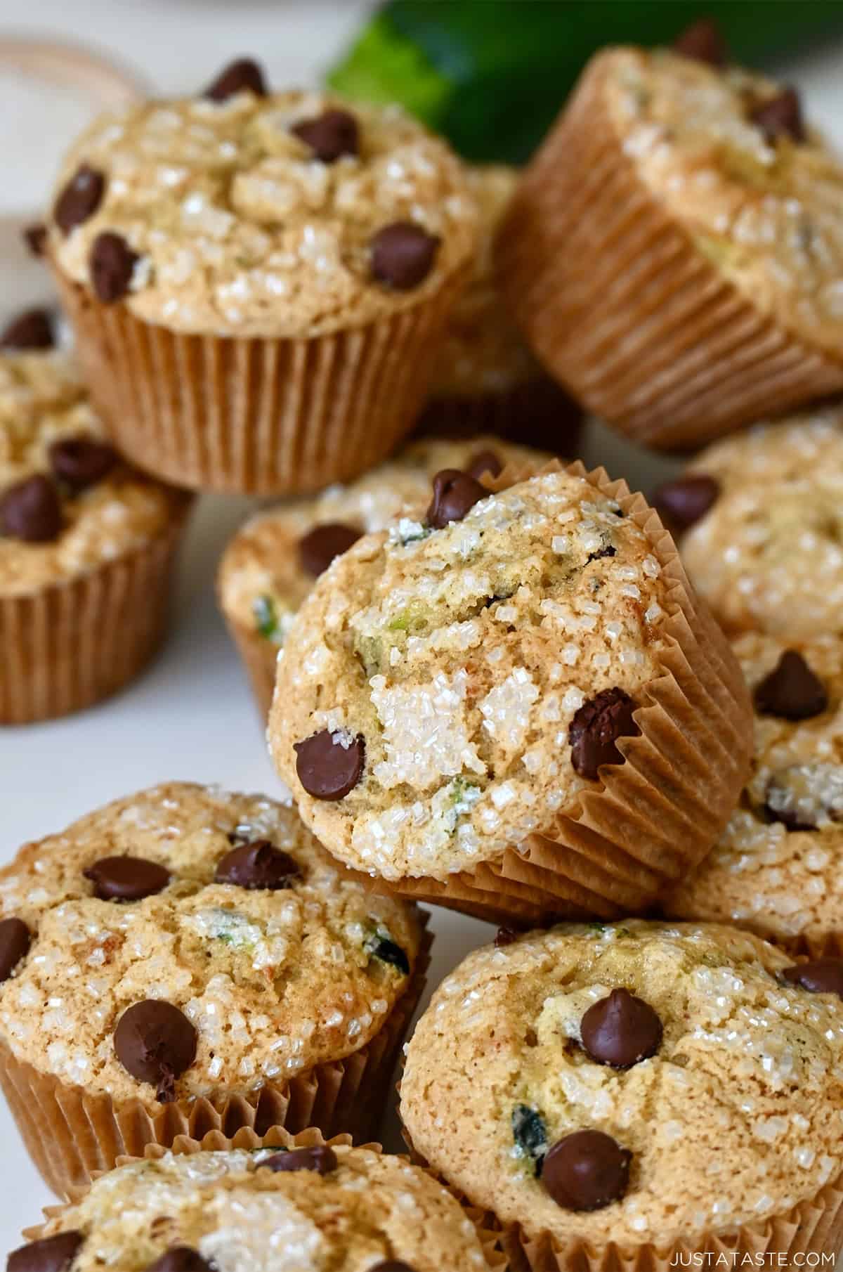 Zucchini chocolate chip muffins with sanding sugar.