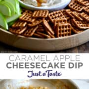 Top image: Caramel Apple Cheesecake Dip in a bowl on a plate surrounded by pretzels, green apple slices, and graham crackers. Bottom image: Diced apples in a sauté pan.