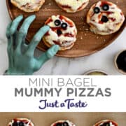 Top image: A top-down view of a wood plate containing mini bagel pizzas with black olives and a mummy hand. Bottom image: Unbaked mini bagel mummy pizzas on brown parchment paper.