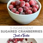 Top image: A small bowl containing sugared cranberries. Bottom image: A top-down view of a bowl containing sugar and fresh cranberries.