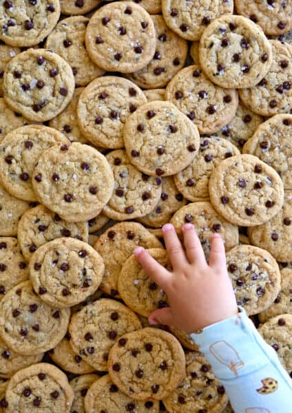 A pile of mini chocolate chip cookies with a child's hand reaching for a cookie.
