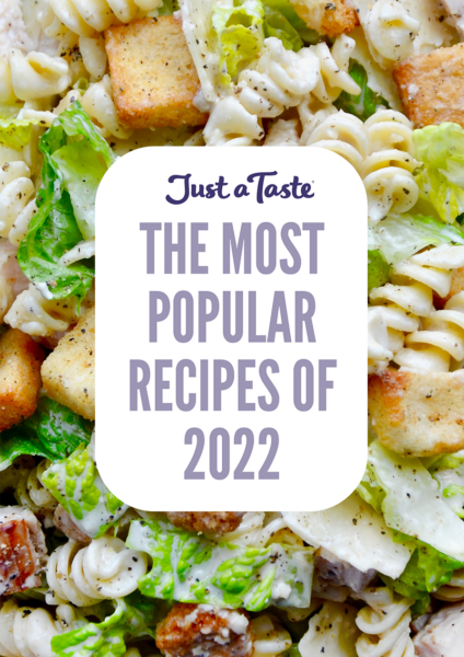 Text atop a photo of Chicken Caesar Pasta Salad