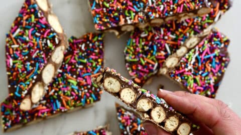 A hand holding a piece of pretzel bark topped with rainbow sprinkles