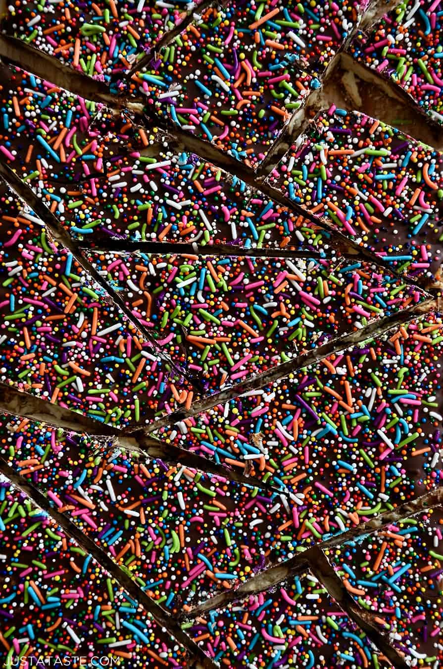 A close up view of pretzel bark cut into pieces