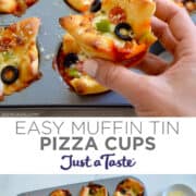 Top image: A hand holds a pizza cup over a muffin tin with pizza cups. Bottom image: A top-down view of a muffin tin containing cheesy pizza cups with black olives and mini pepperonis.