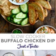 Top image: A top-down view of buffalo chicken dip topped with bleu cheese crumbles in a small bowl on a plate surrounded by celery sticks, baguette toasts, cucumber slices and tortilla chips.