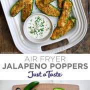 Top image: A top-down view of jalapeño poppers on a white serving platter with a small bowl containing ranch dressing. Bottom image: Halved jalapeños on a cutting board with a sharp knife.