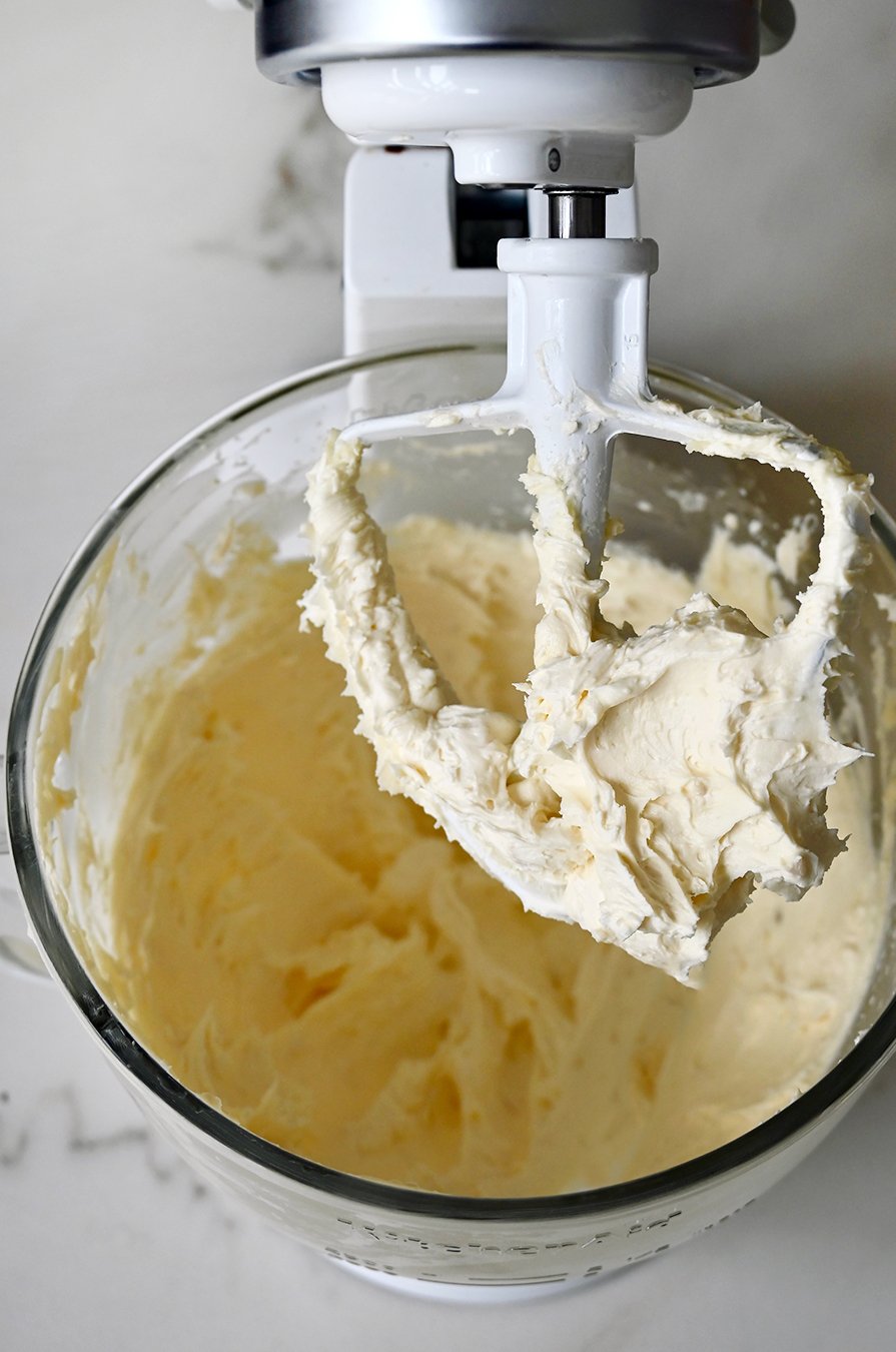 Whipped Brie on a paddle attachment in a stand mixer