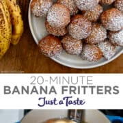 Top image: A top-down view of banana fritters dusted with powered sugar on a plate next to overripe bananas and a small dish containing caramel sauce. Bottom image: Fried fritters over a pot containing hot oil.