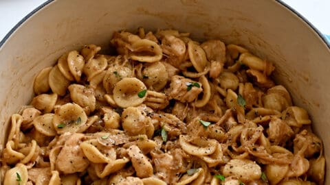 A blue stockpot containing French onion orecchiette pasta with chicken next to a plate topped with cheesy baguette toasts