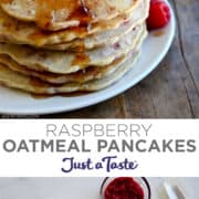 The top image shows a stack of oatmeal pancakes topped with fresh raspberries and maple syrup. The bottom image is a top-down view of three clear bowls containing wet and dry pancake ingredients, and smashed raspberries.
