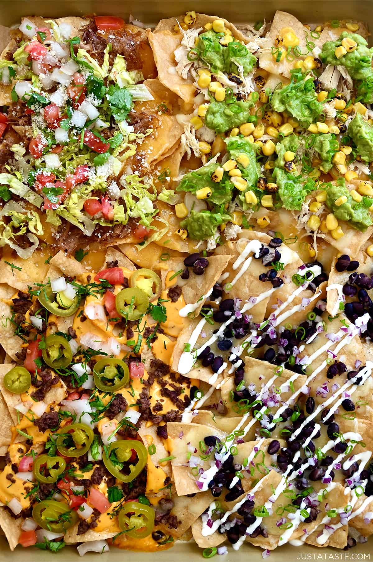 Sheet pan nachos topped four different ways.