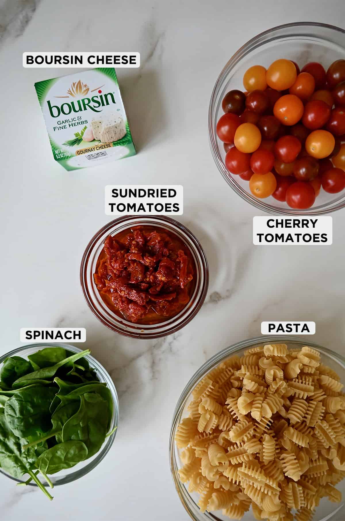 A labeled image of baked pasta ingredients, including Boursin cheese, cherry tomatoes, sun-dried tomatoes, pasta and spinach.