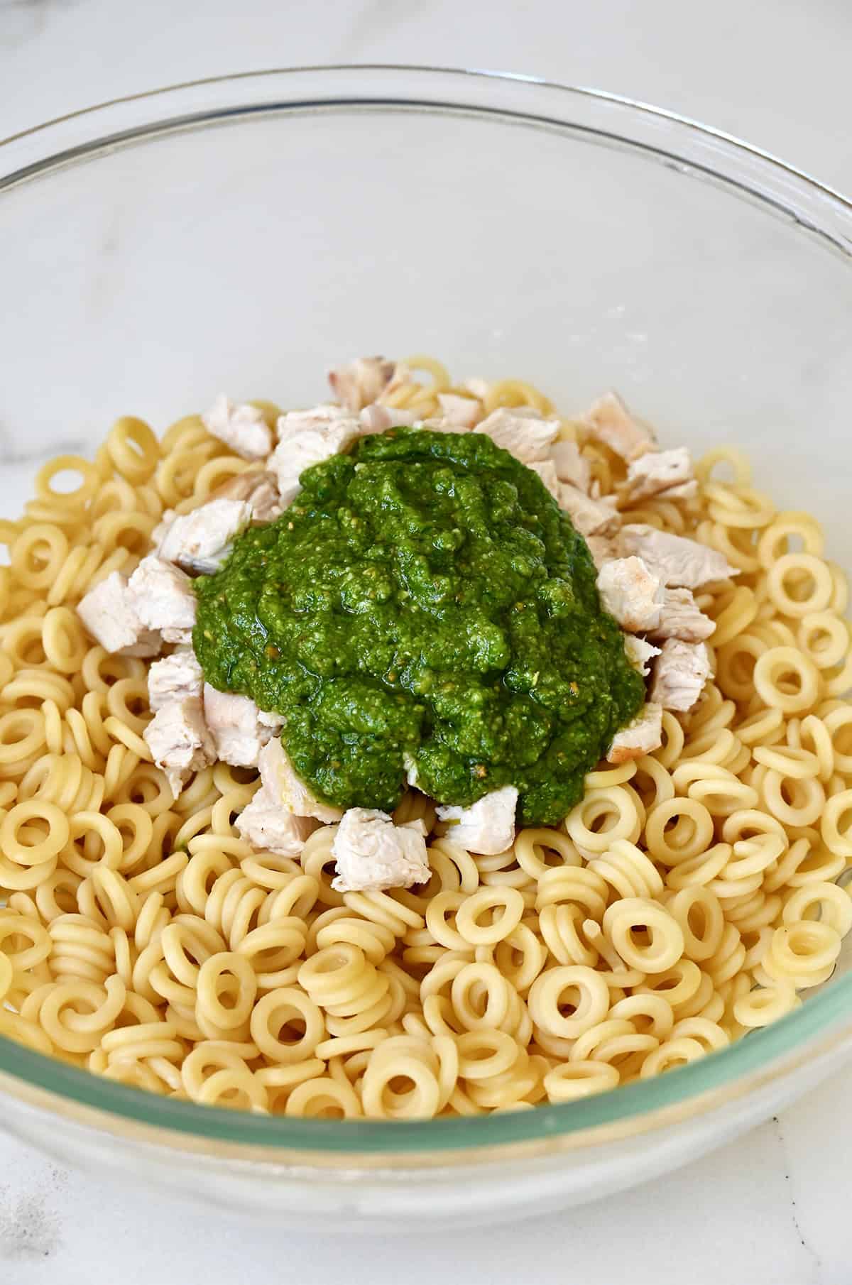 Cubed chicken and pesto atop ring-shaped pasta in a large mixing bowl.