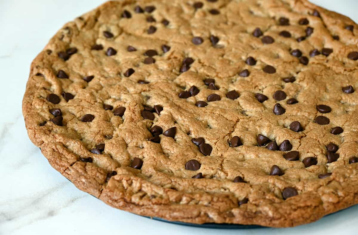 A giant cookie studded with chocolate chips on a round cake pan.