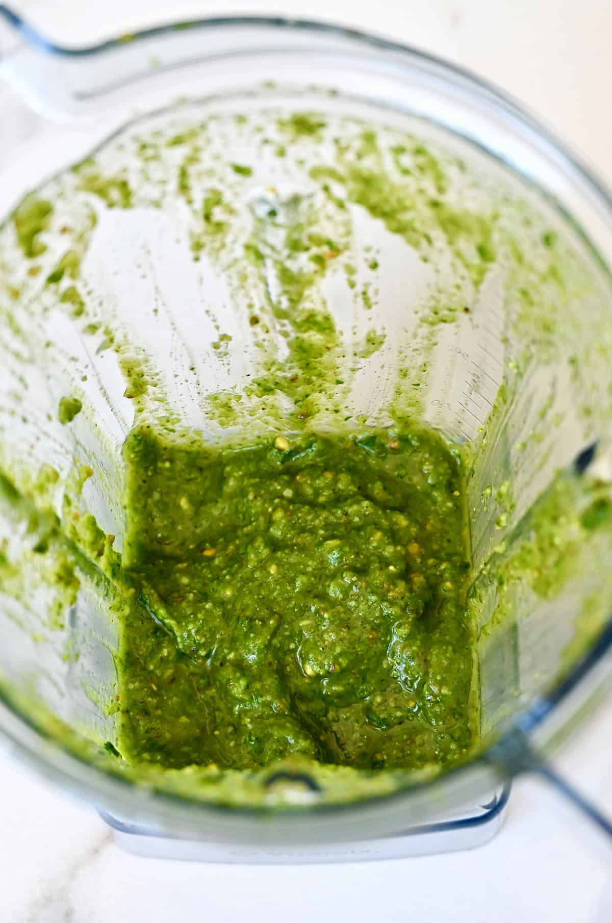 Homemade pesto in a blender.