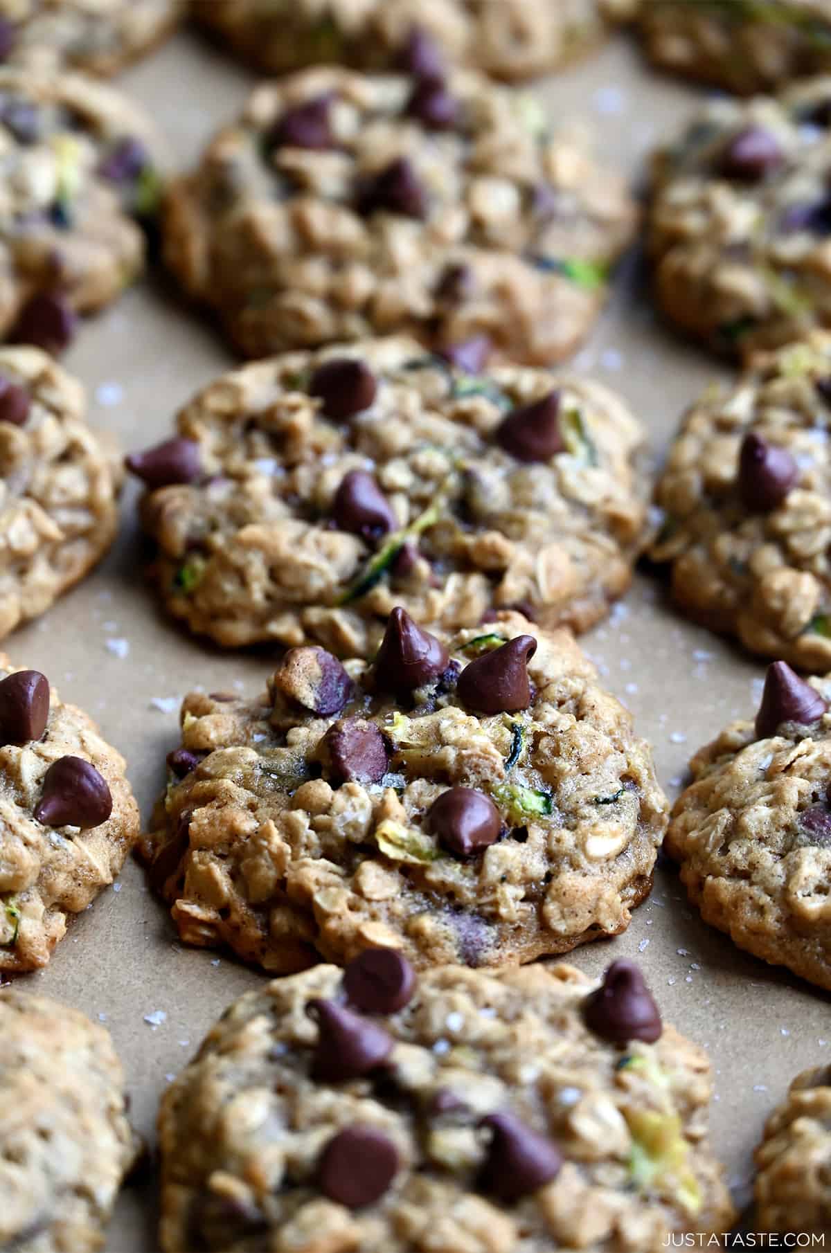 A close-up view of zucchini oatmeal cookies with chocolate chips.