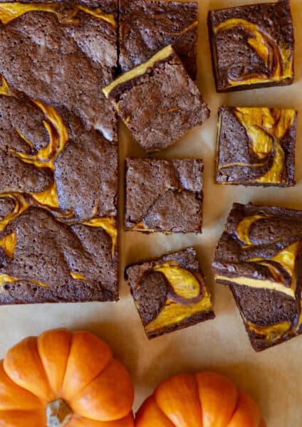 Pumpkin cheesecake brownies out of their pan and with several squares of brownies cut off and two small pumpkins beside them.