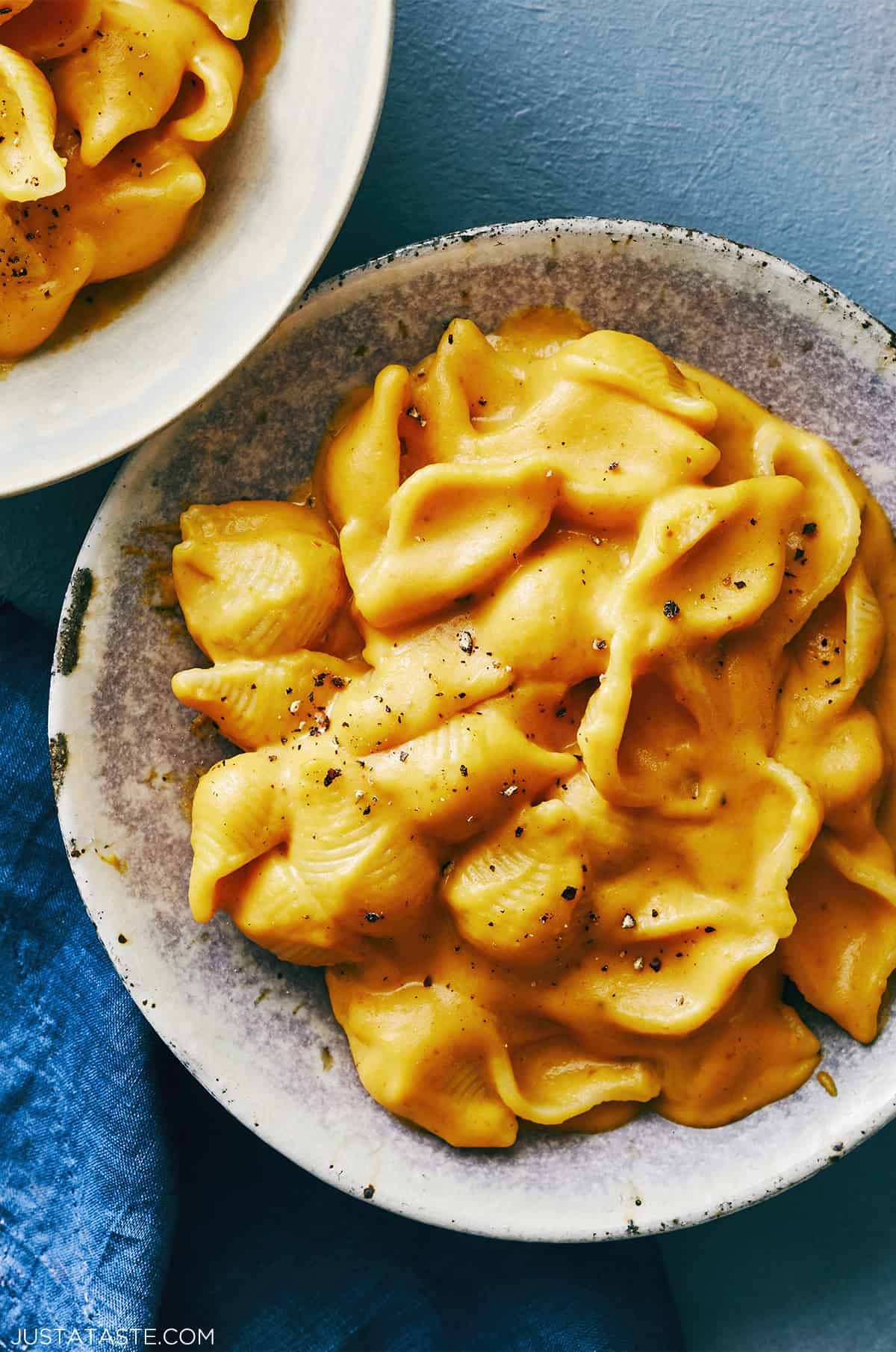 A large ceramic bowl containing macaroni shells in a thick and creamy pumpkin cheese sauce.