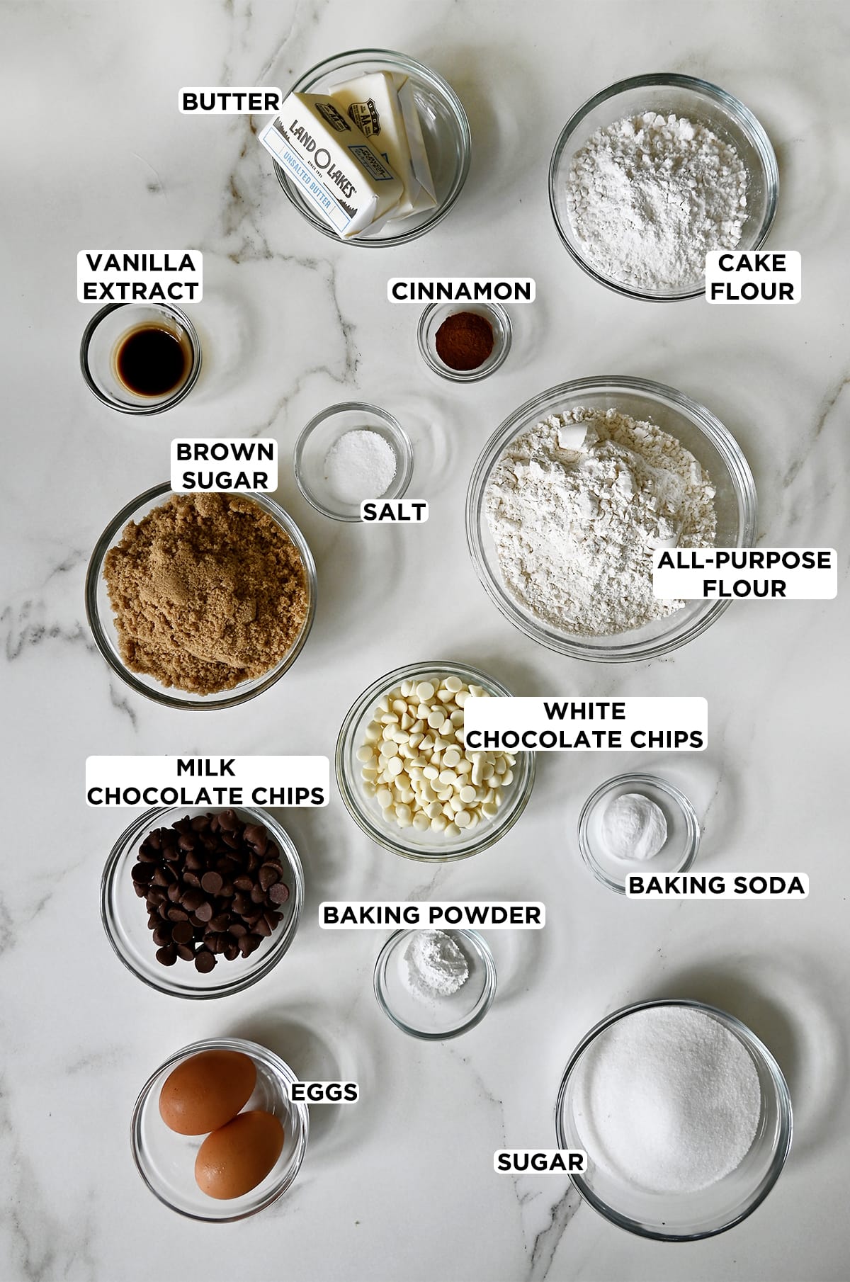 Glass bowls containing the ingredients for Donna Kelce's chocolate chip cookies