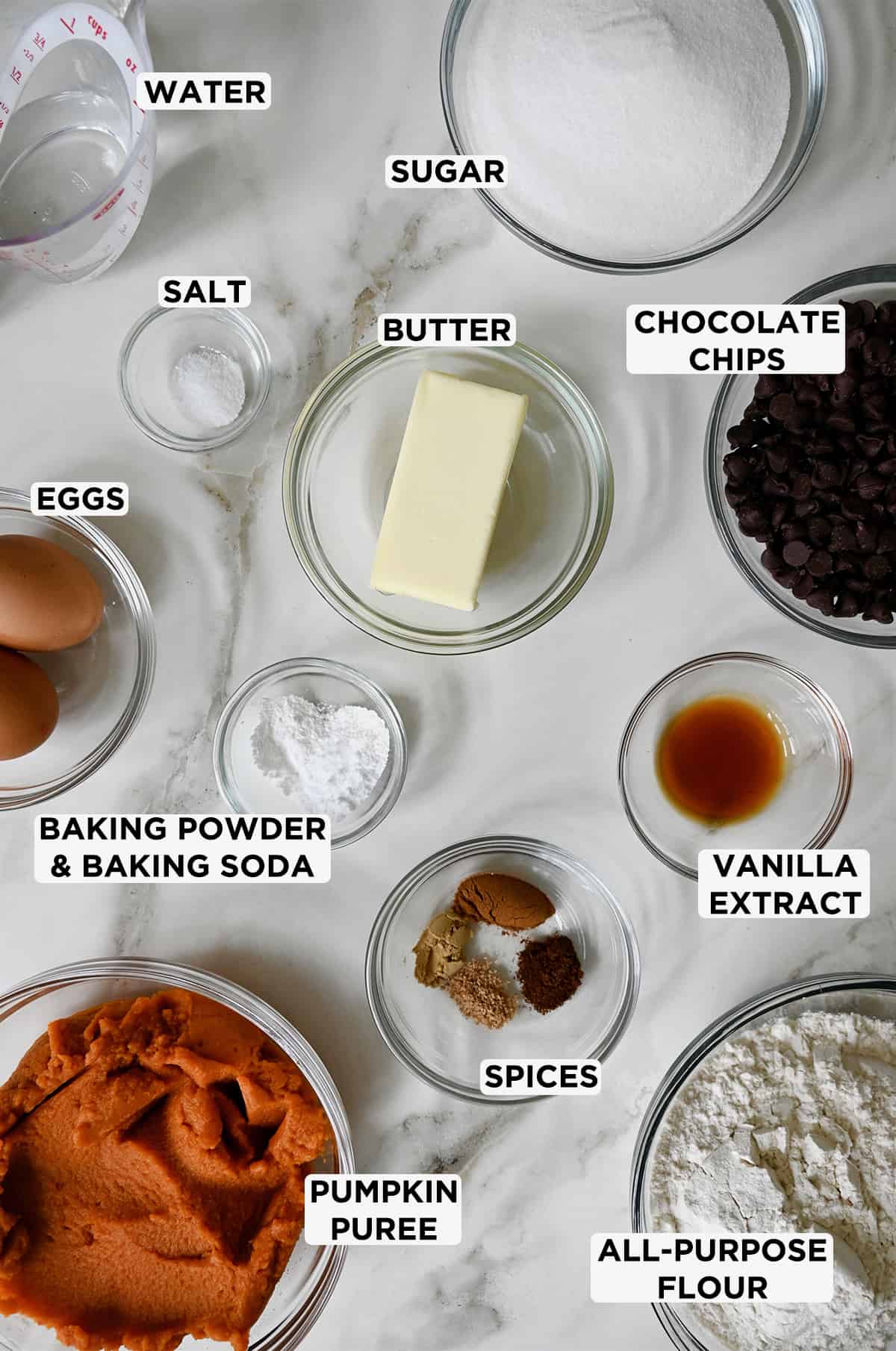 Bowls of ingredients (flour, pumpkin puree, spices, vanilla extract, baking powder and soda, eggs, butter, chocolate chips, salt, sugar, water) on a marble surface.